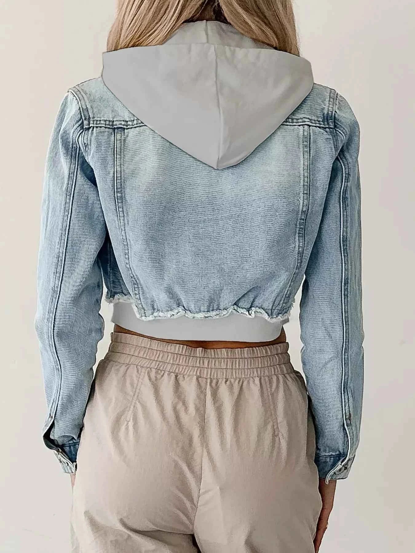 Distressed Zip Up Cropped Hooded Denim Jacket