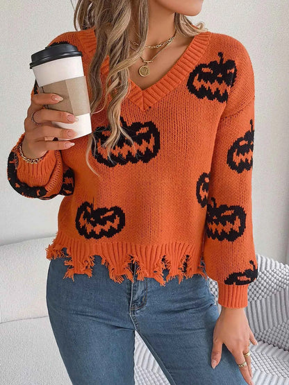 Halloween Pumpkin Pattern Raw Hem V-Neck Sweater