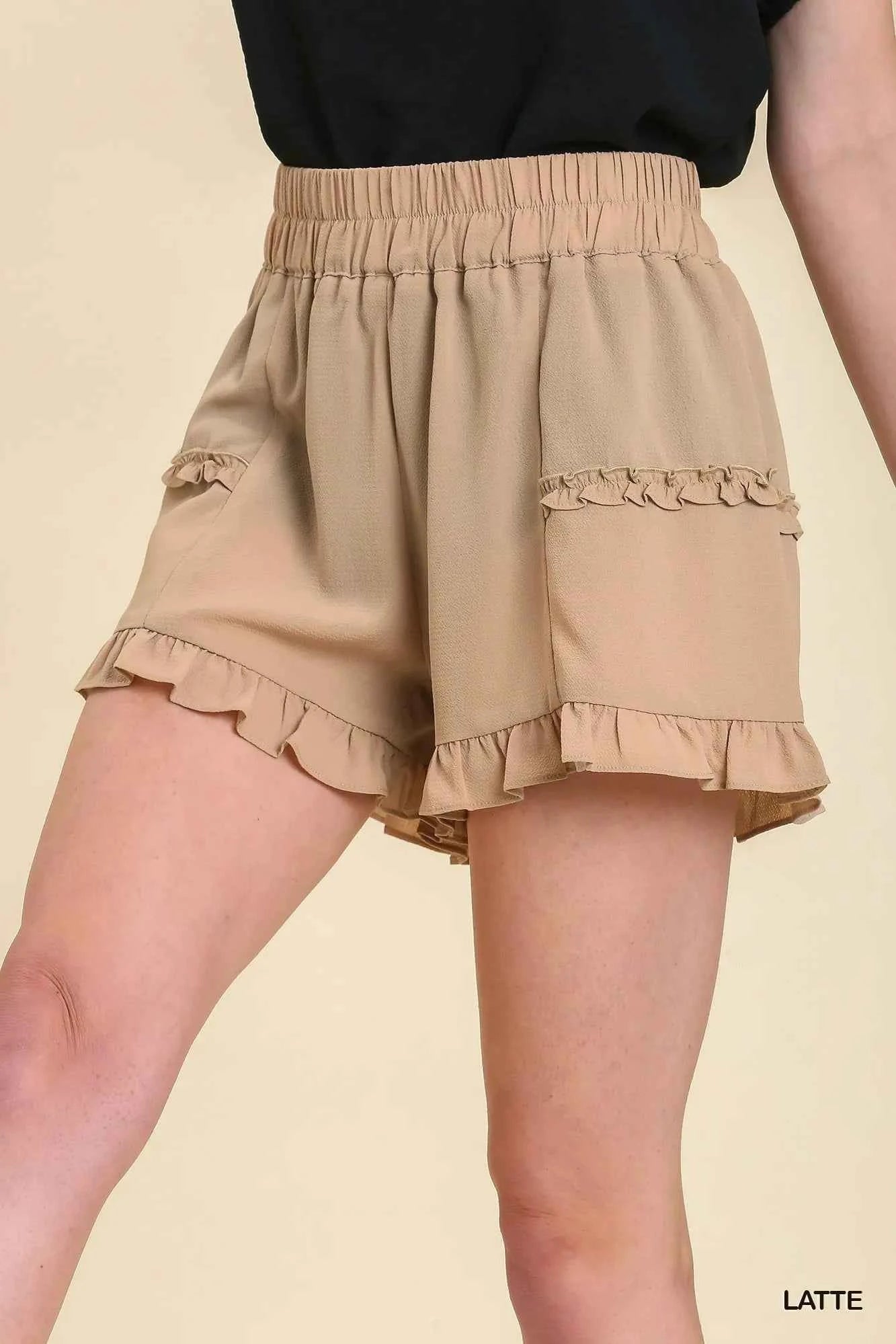 Umgee High Waisted Shorts with Ruffle Trim Detail and Elastic Waist Band