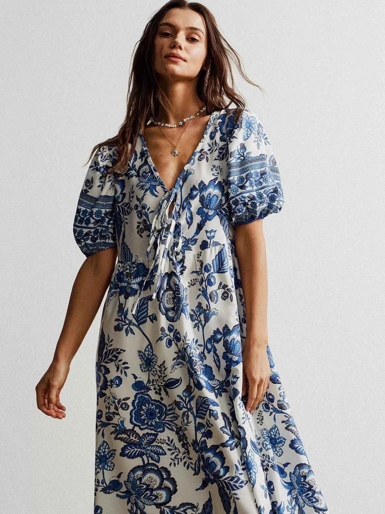 Floral Print Tie-Neck Puff Sleeve Maxi Dress