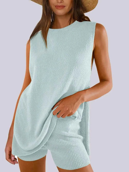 Side Slit Round Neck Tank and Ribbed Shorts Sweater Set