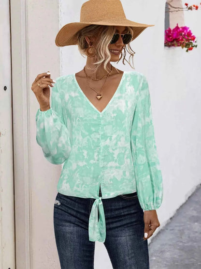 V-Neck Long Sleeve Tie-Front Blouse