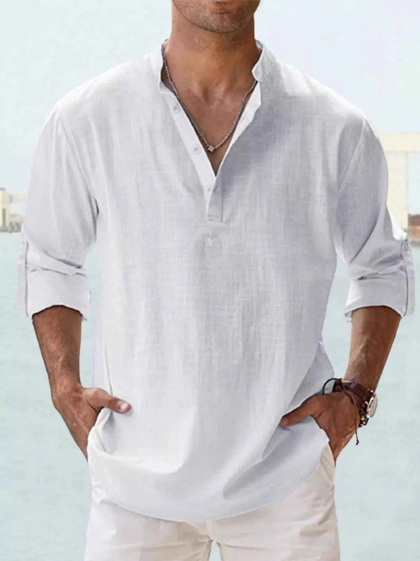 Men's Full Size Casual Button Detail Roll-Up Sleeve Blouse Plus Size