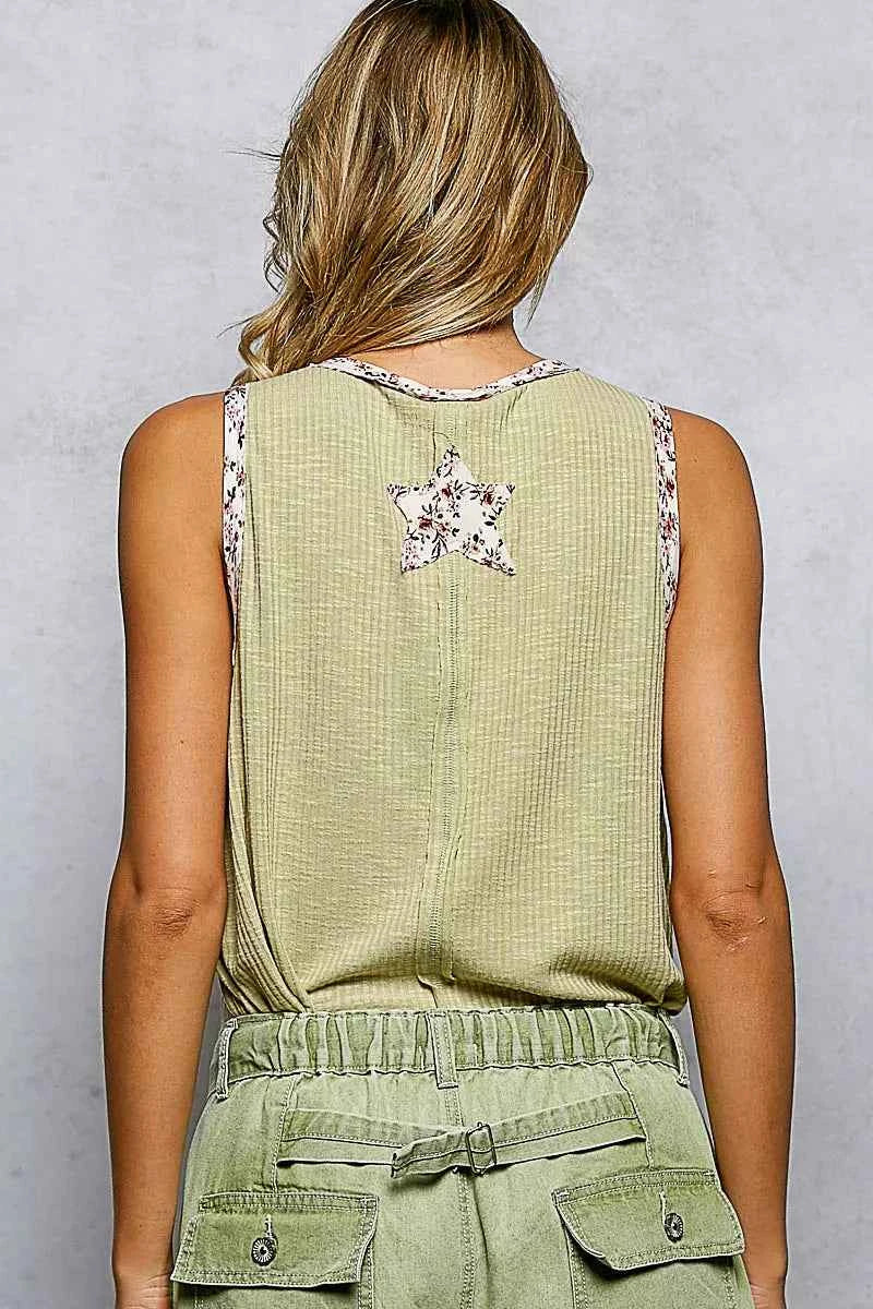 POL Floral Print Star Patch V-Neck Ribbed Tank