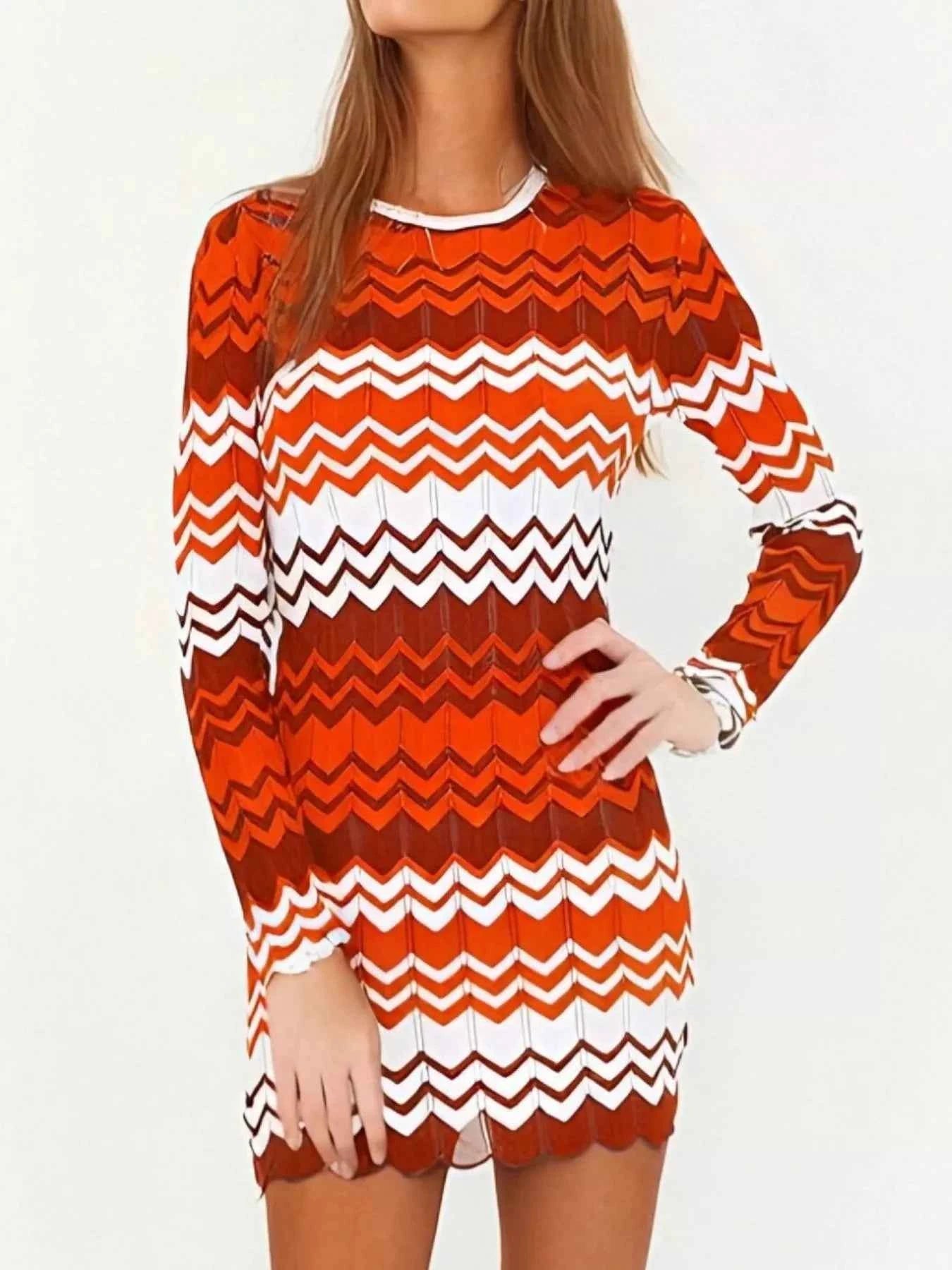Openwork Wave Pattern Long Sleeve Sweater Dress