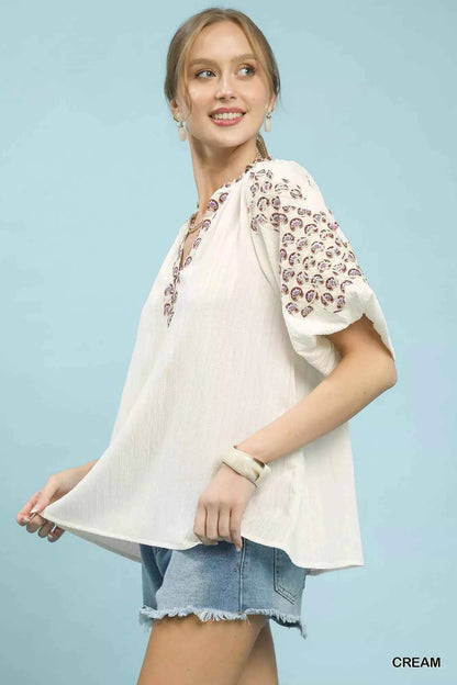 Umgee Embroidered Sleeve Contrast Trim Top