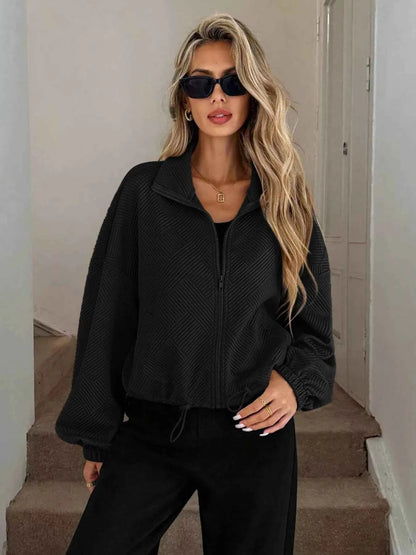 Drawstring Hem Textured Long Sleeve Jacket