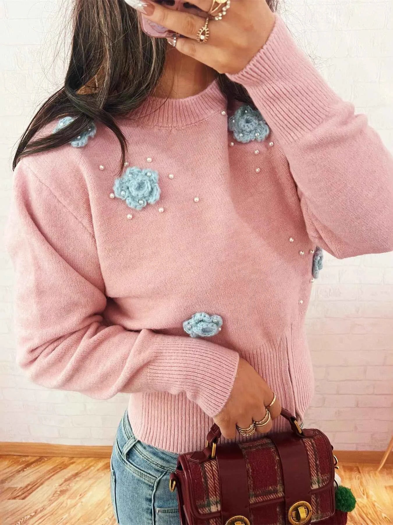 Flower Pearl Detail Ribbed Hem Sweater