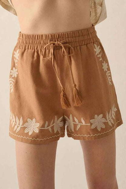 Embroidered Boho Tasseled Drawstring Elastic Waist Casual Shorts