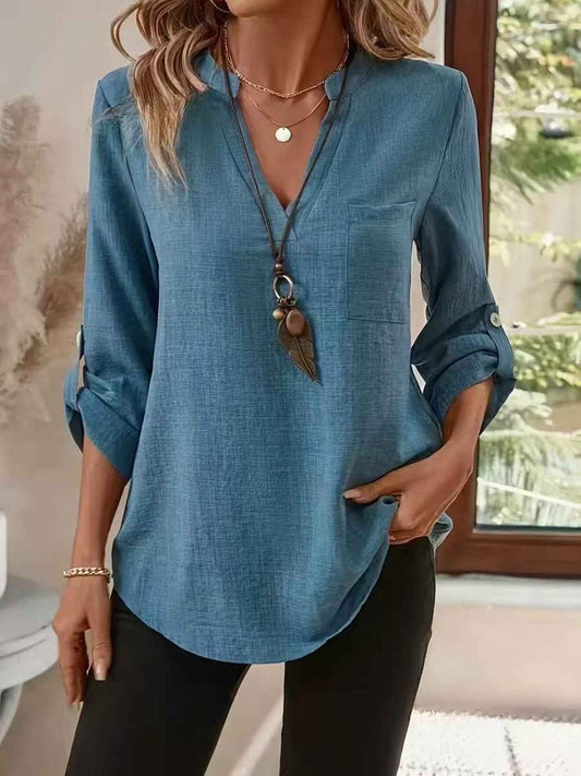 Notched Roll-Up Sleeve Blouse