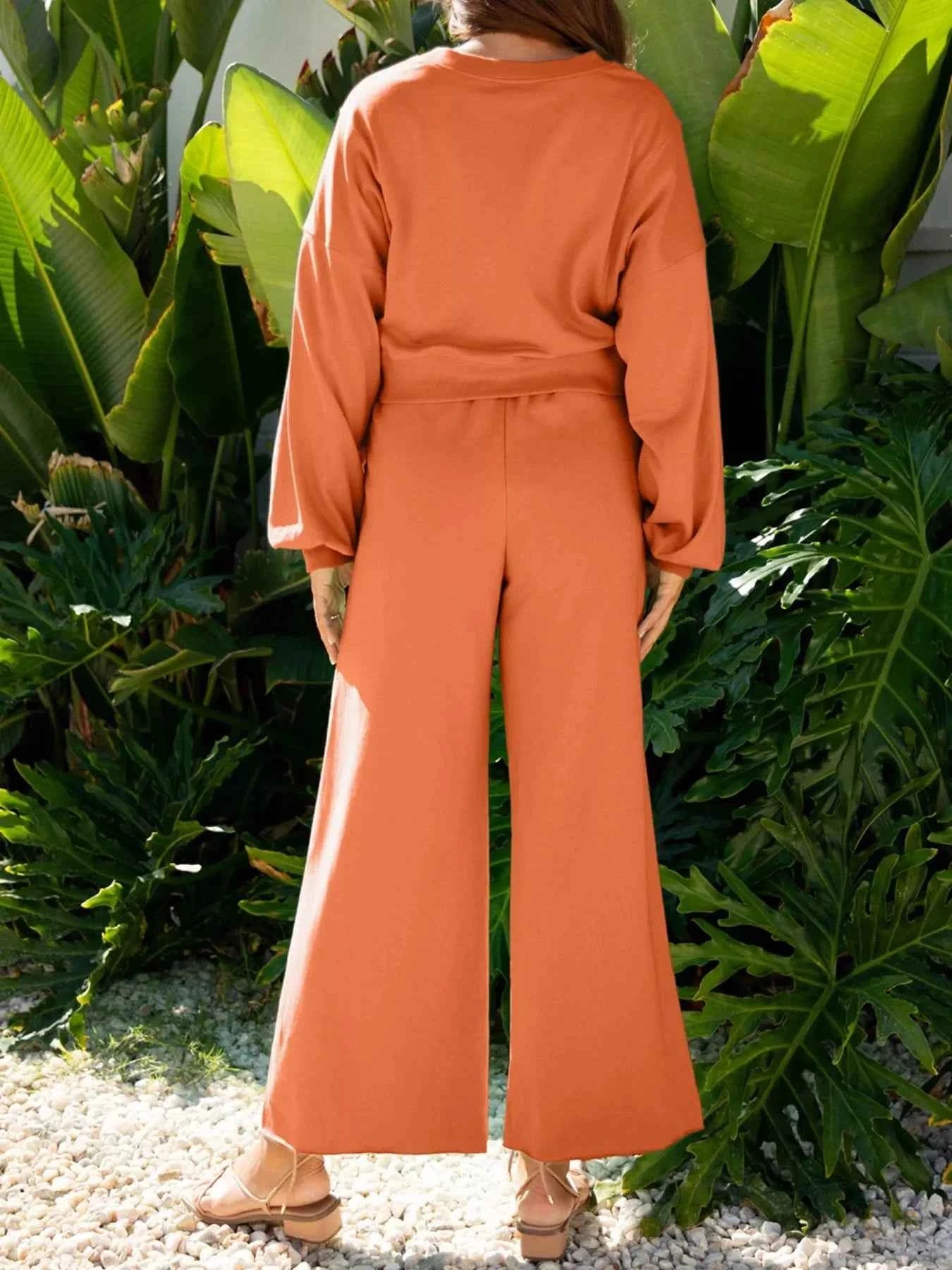 Round Neck Long Sleeve Top and Pants Set