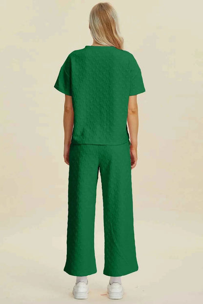 Double Take Full Size Texture Round Neck Short Sleeve Top and Pants Set