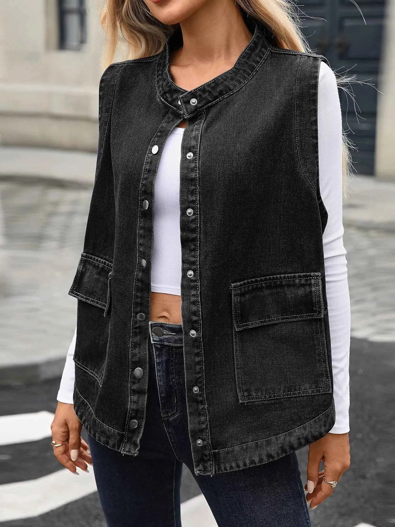 Snap Down Sleeveless Denim Jacket