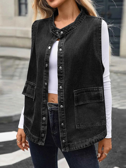 Snap Down Sleeveless Denim Jacket