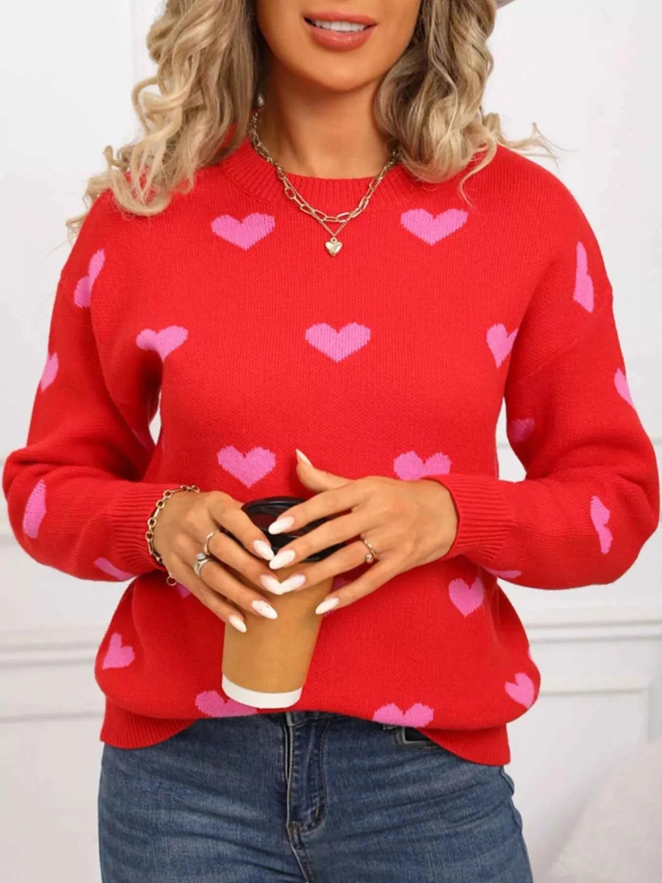 Valentine's Day Heart Pattern Dropped Shoulder Sweater