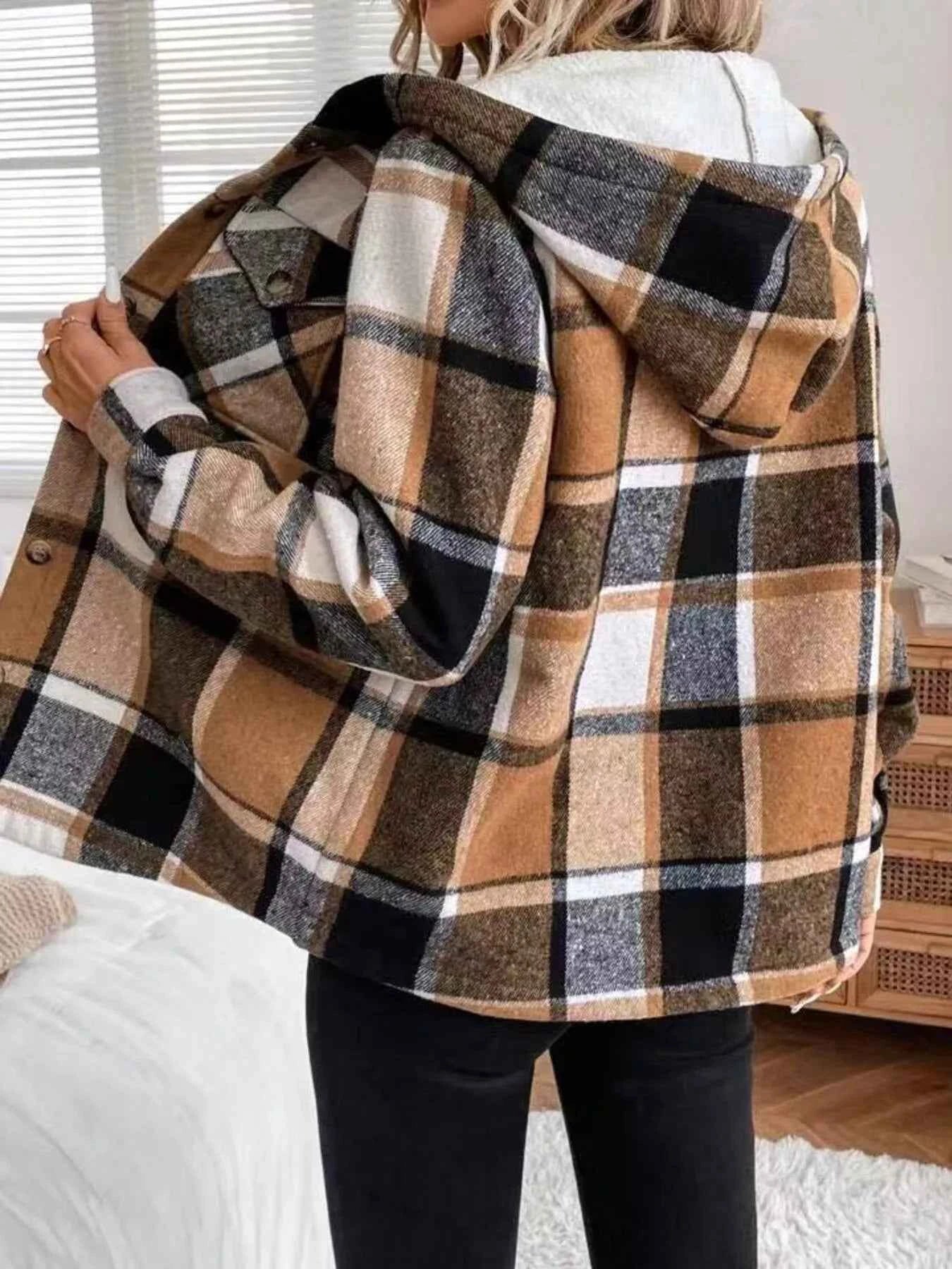 Hooded Plaid Button Up Jacket