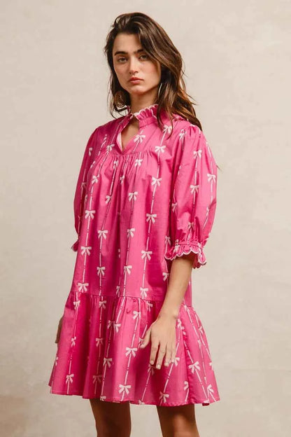 BiBi Ribbon Patterns With Scallops Edge Details Short Sleeve Dress