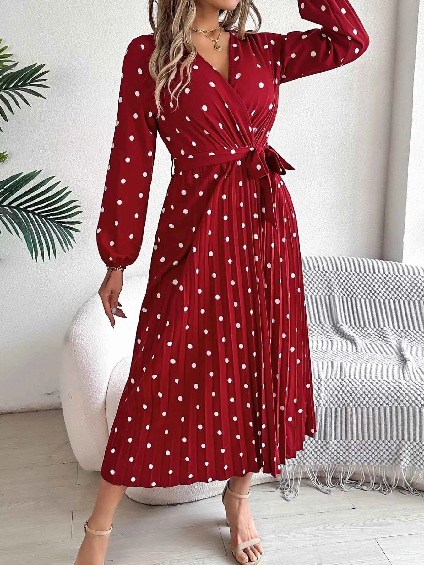 Front Tie Polka Dot Midi Pleated Dress
