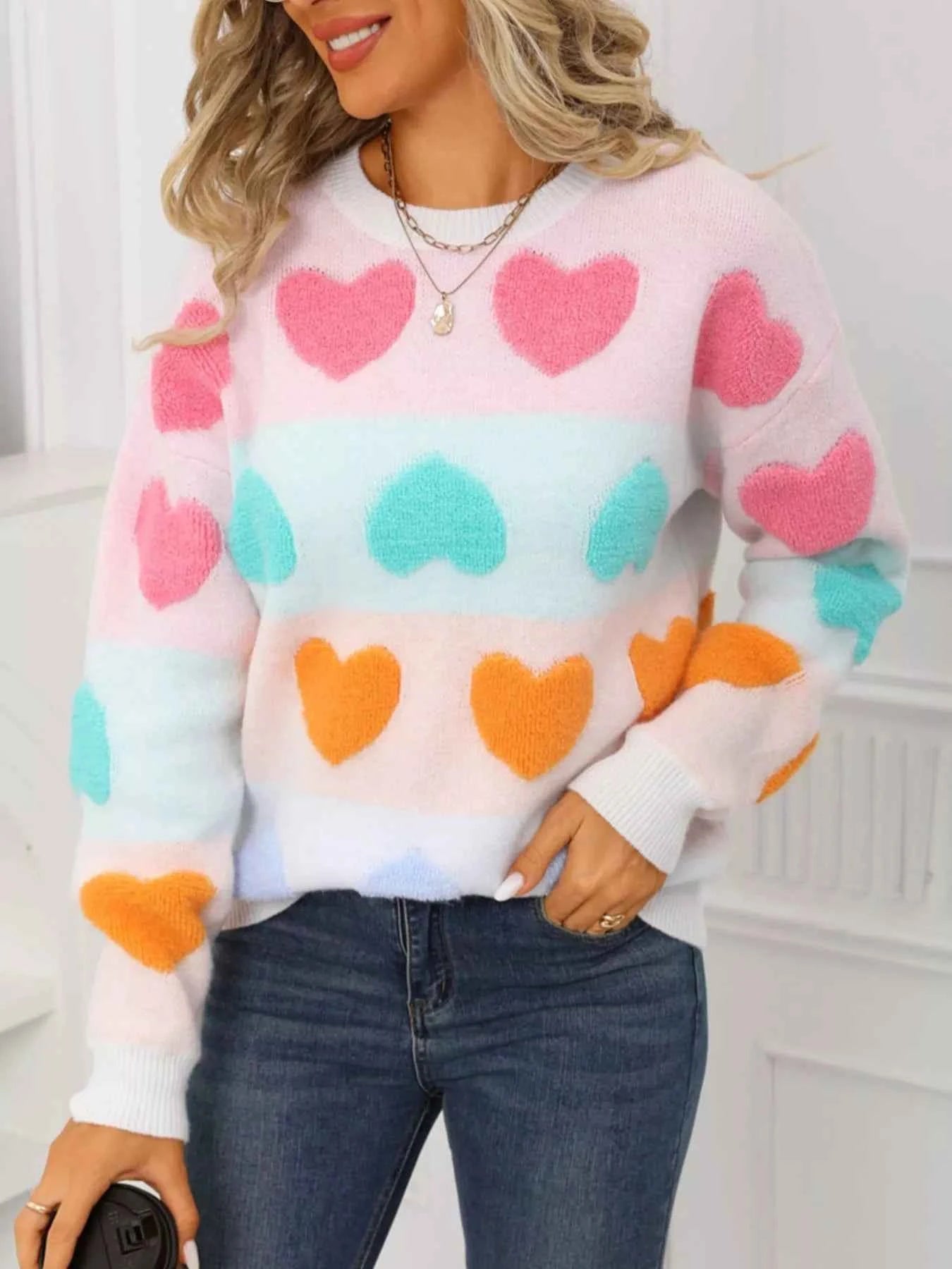 Valentine's Day Heart Pattern Fuzzy Knit Sweater