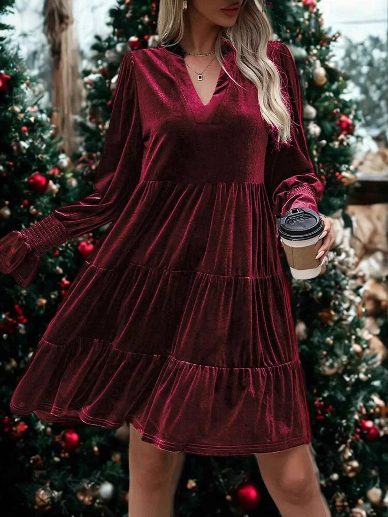 Velvet Tiered Notched Mini Dress