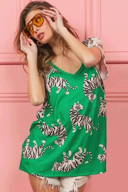 BiBi Tiger Printed Jersey Block T-Shirt with Aztec Trim