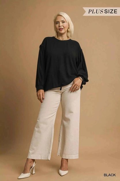 Umgee Full Size Linen Long Sleeve Top with Drawstring Plus Size