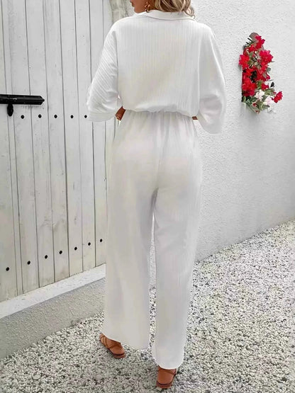 Button Front Half Sleeve Wide Leg Jumpsuit
