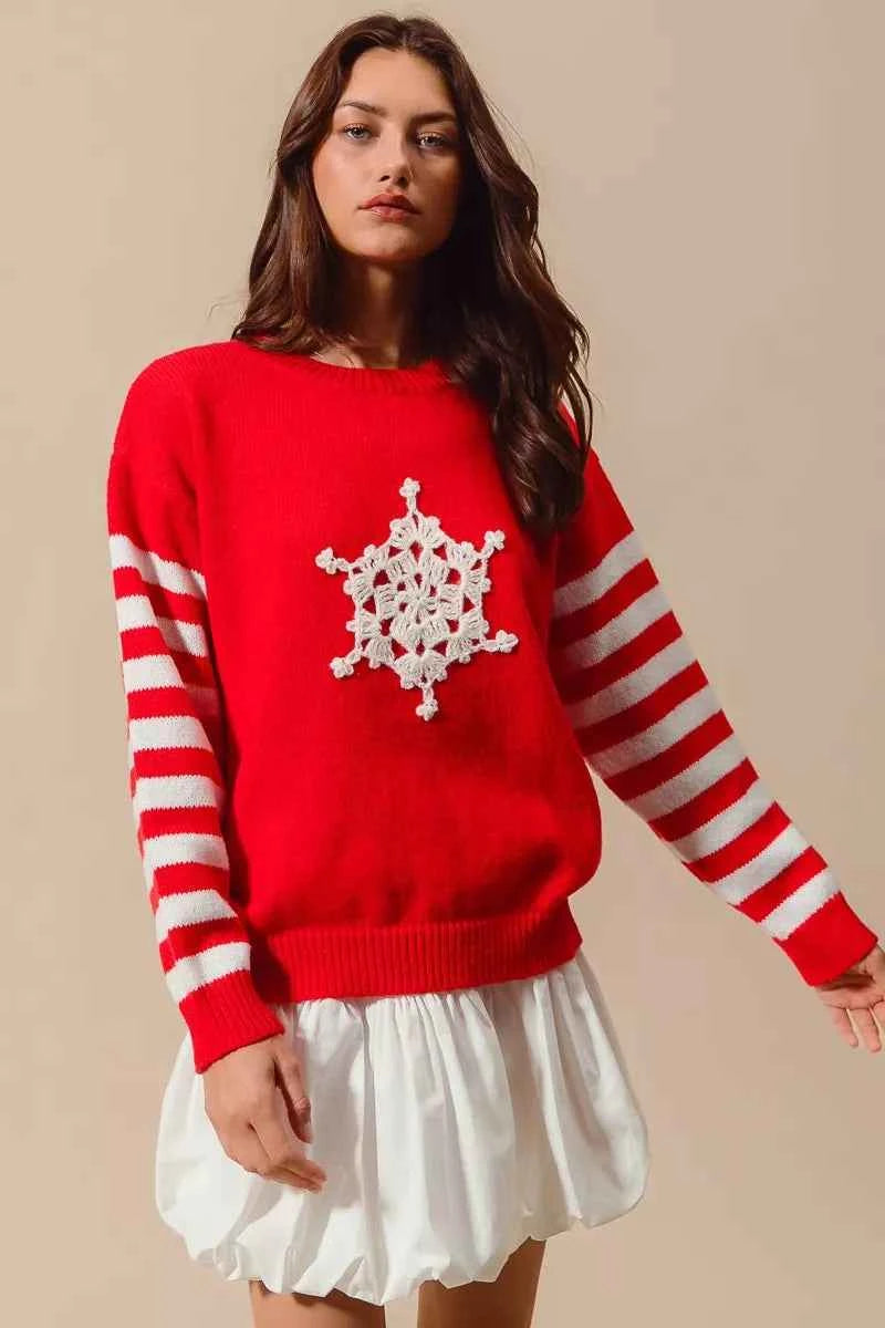 SO ME Christmas Snowflake Crochet Embellished Sweater