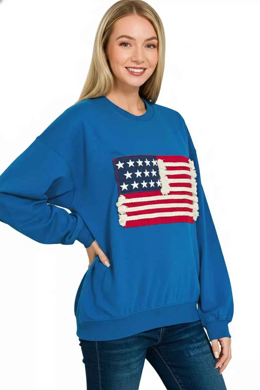 Zenana French Terry American Flag Pullover