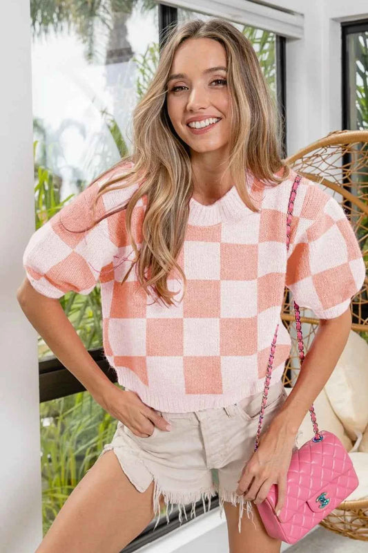 BiBi Check Pattern Short Puff Sleeve Sweater Top