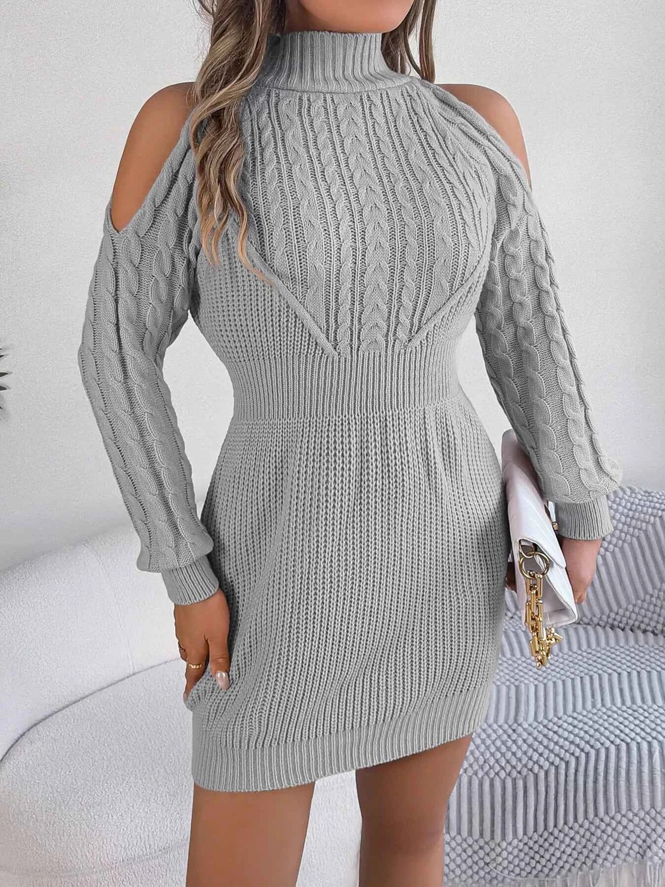 Cold Shoulder Cable Knit Turtleneck Sweater Dress