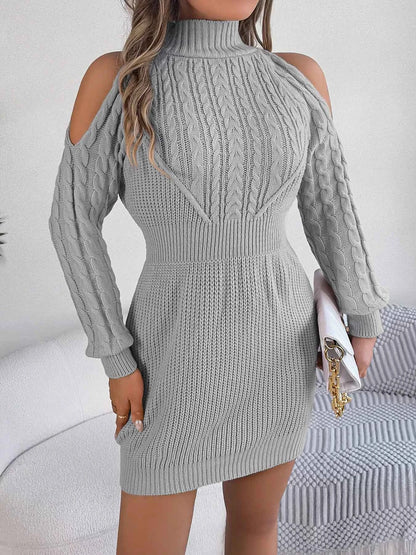 Cold Shoulder Cable Knit Turtleneck Sweater Dress