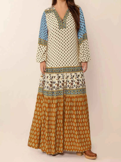 Bohemian Mixed Print Long Sleeve Maxi Dress