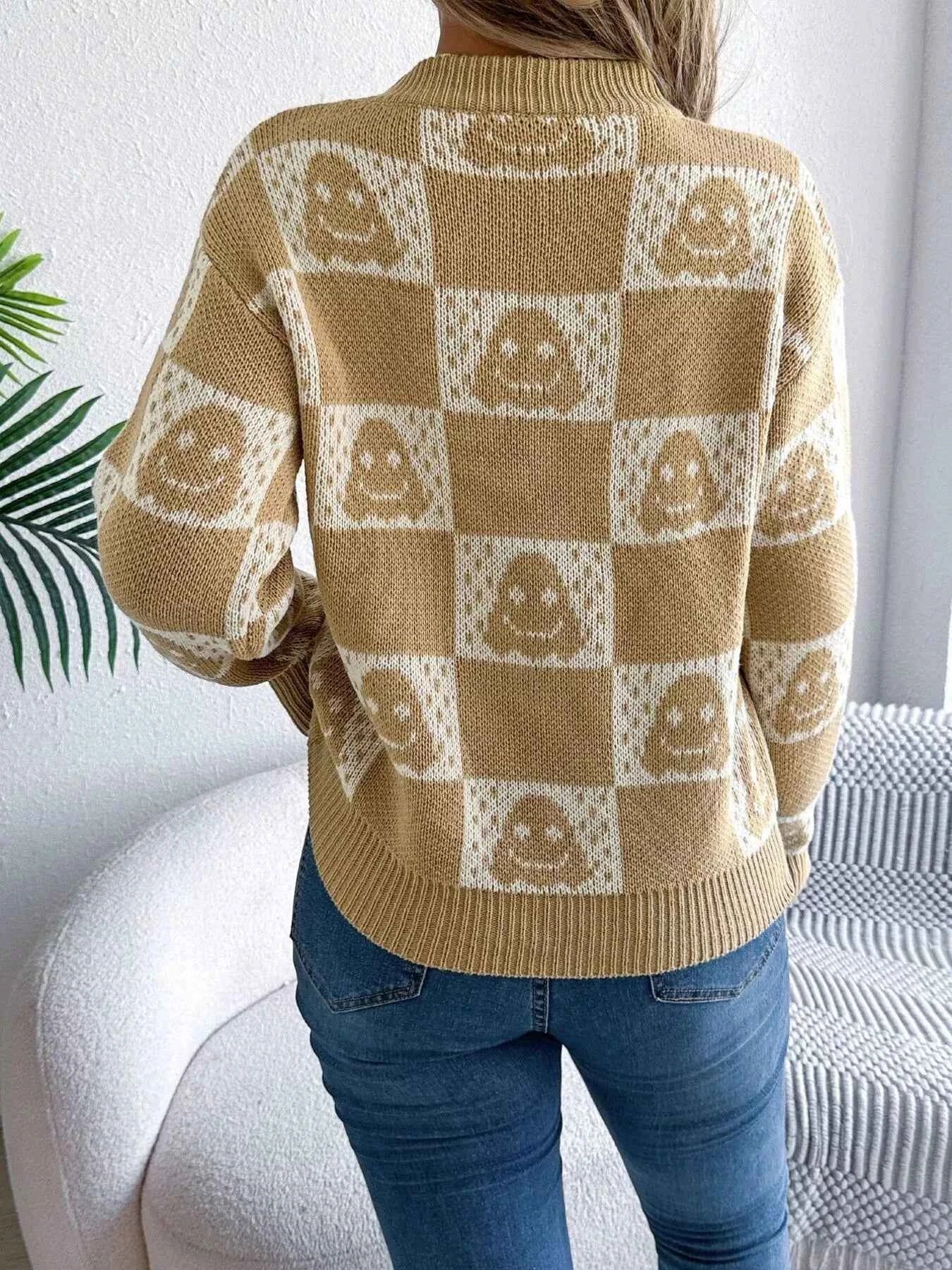 Halloween Ghost Pattern Checkered Round Neck Sweater