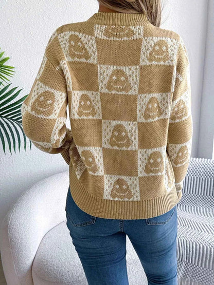 Halloween Ghost Pattern Checkered Round Neck Sweater