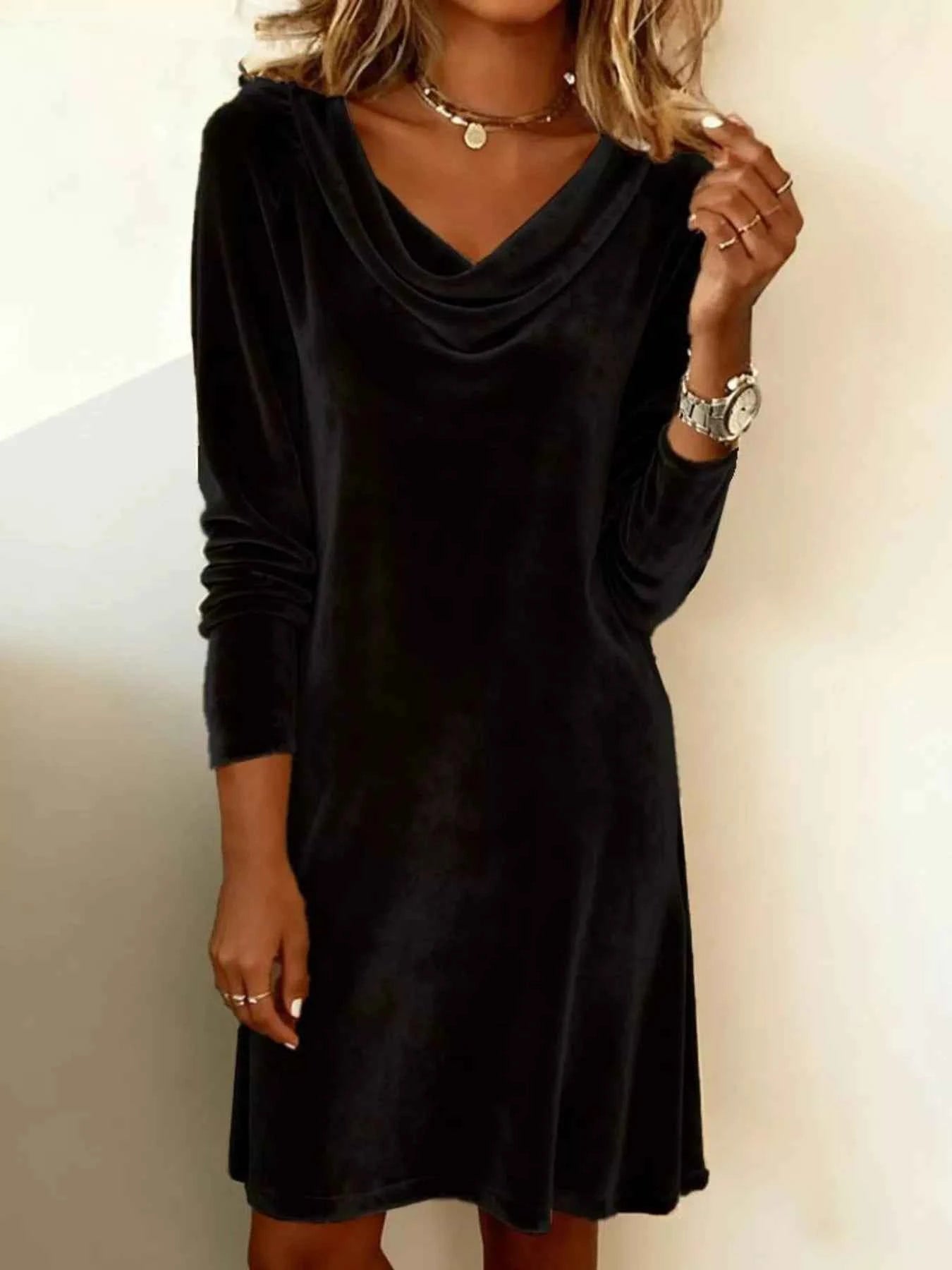 Velvet Cowl Neck Long Sleeve Mini Dress