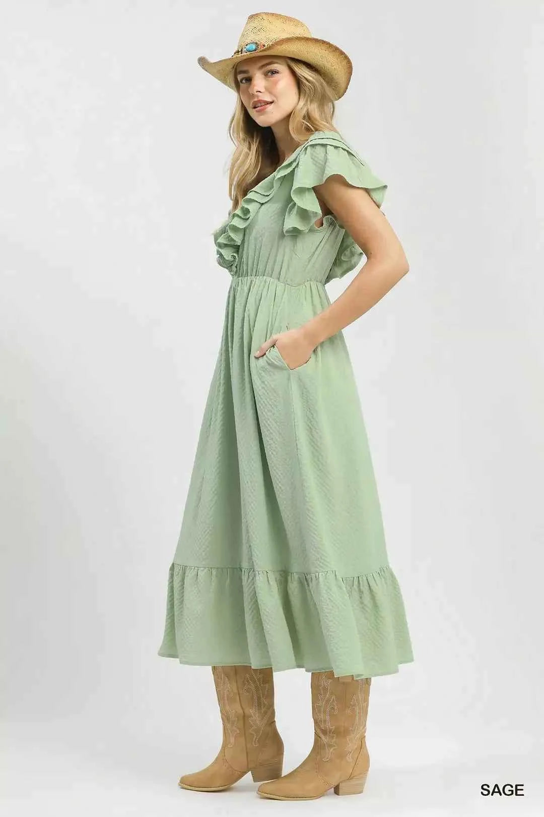 Umgee Textured Ruffle Midi Dress