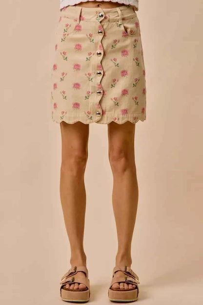 SO ME Floral Rose Print Cotton Twill Scallop Mini Skirt