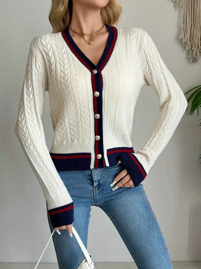 Contrast Trim Cable Knit Cardigan