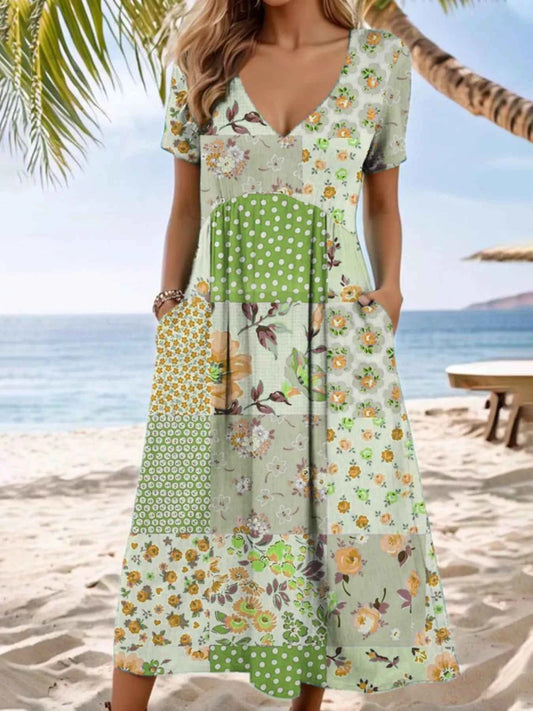 Full Size Floral V-Neck Casual Midi Dress Plus Size