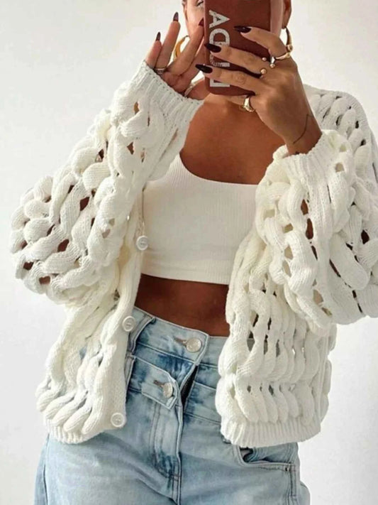 Openwork Button Up V-Neck Cardigan