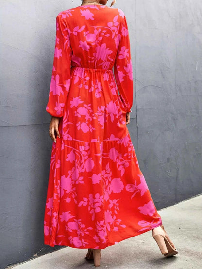 Floral Drawstring Waist Long Sleeve Maxi Dress