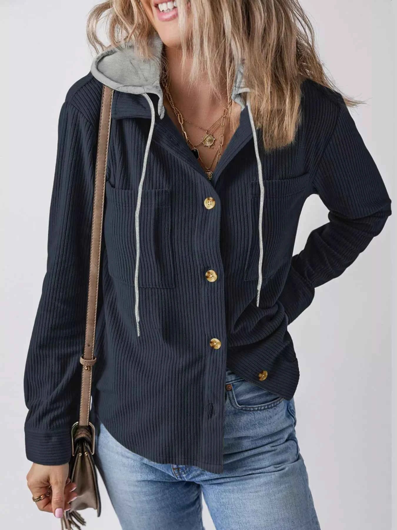 Plus Size Casual Corduroy Button-Down Hooded Jacket
