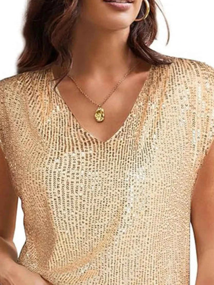 V-Neck Sequin Cap Sleeve Top
