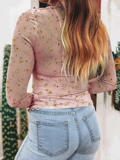 Floral Print Long Sleeve Mesh Blouse