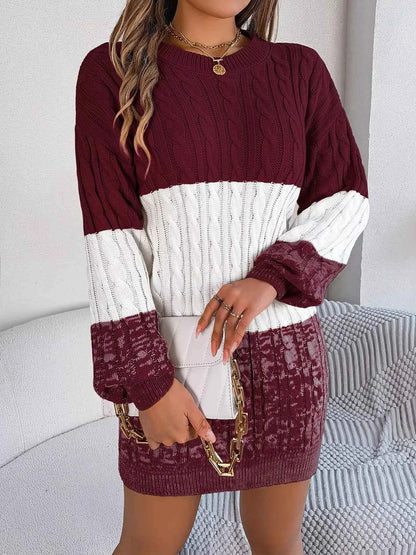 Color Block Cable Knit Sweater Dress with Textured Pattern