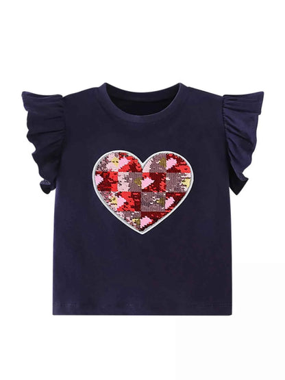 Children's Heart Sequin Ruffle Sleeve T-Shirt