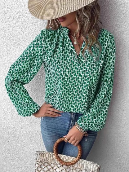 Printed Notched Long Sleeve Blouse