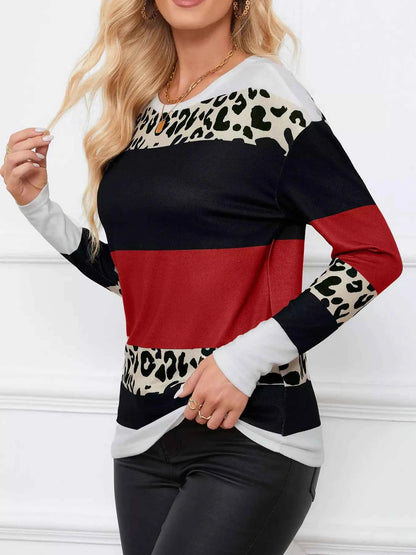 Leopard Color Block Striped Knit Top