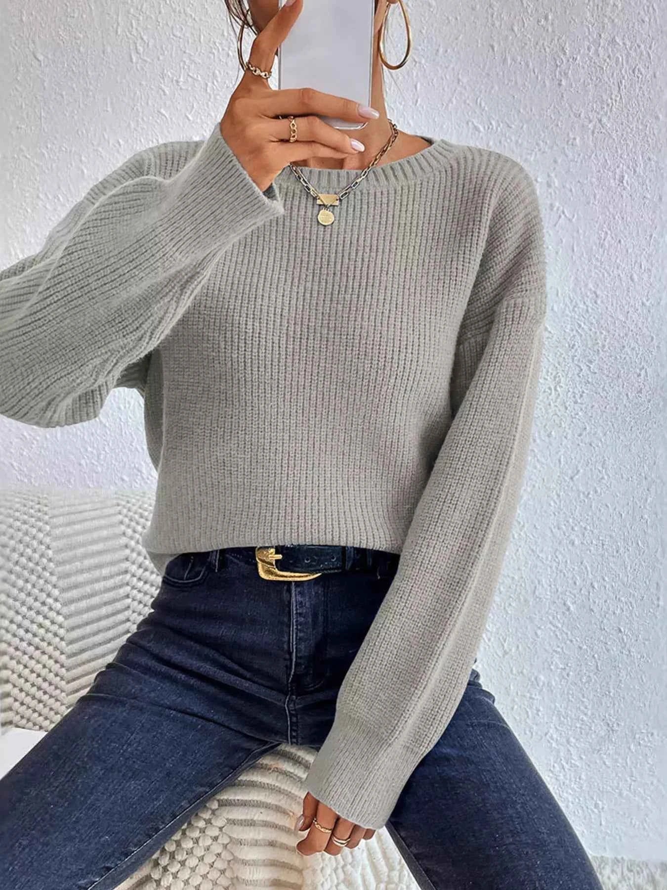 Ribbed Knit Dropped Shoulder Sweater